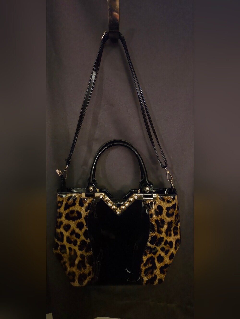 Leopard Print Patent Satchel Handbag with Black Accents